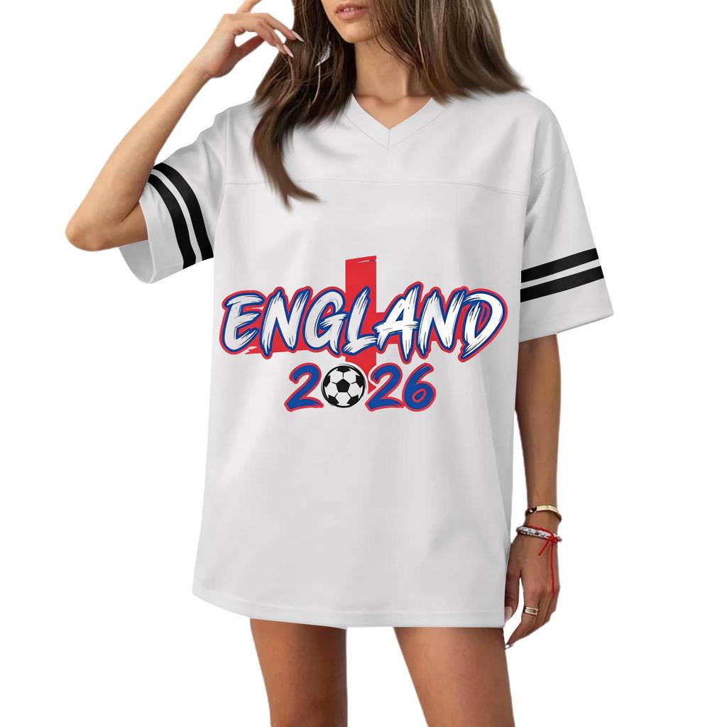 Women V Neck Short Sleeve Casual Loose Fit Sports T Shirt with 2026 Football Flag Print for Outdoor Activities