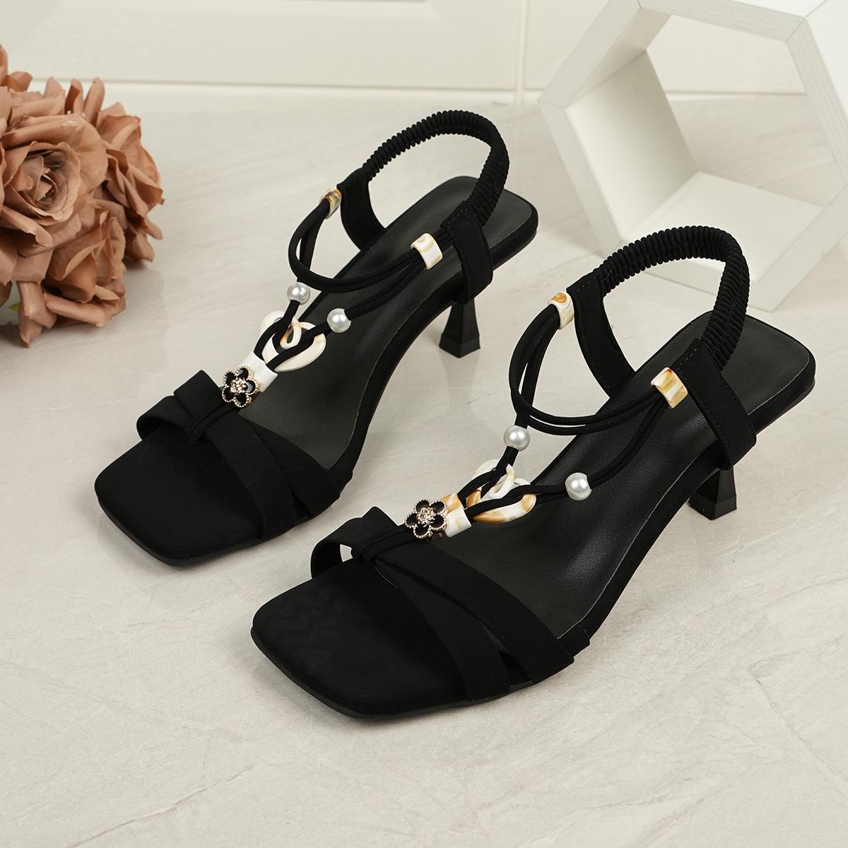 

2025 new summer bohemian casual sandals women s head open-toed elastic band beaded Roman sandals 42 чёрный