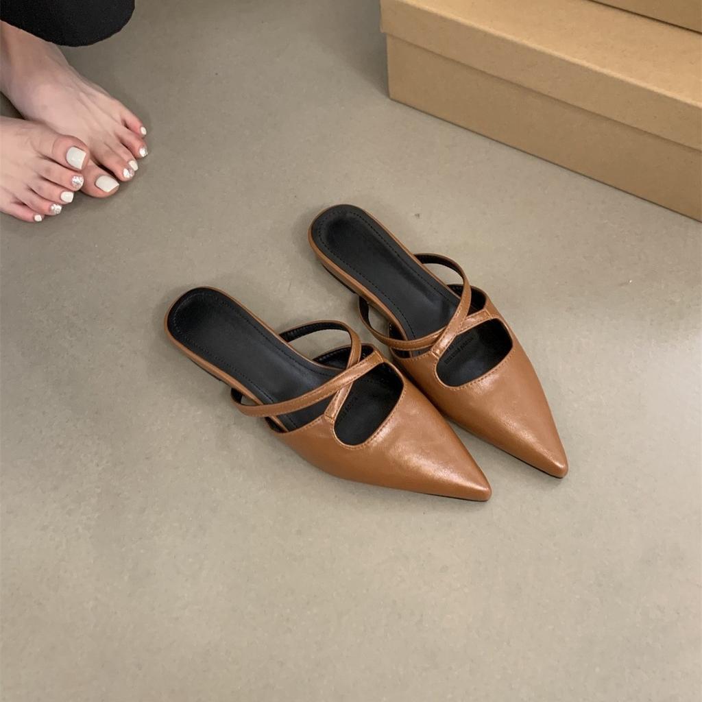 Women's bag head half slippers women's summer wear pointed head temperament soft leather flat bottom sandals