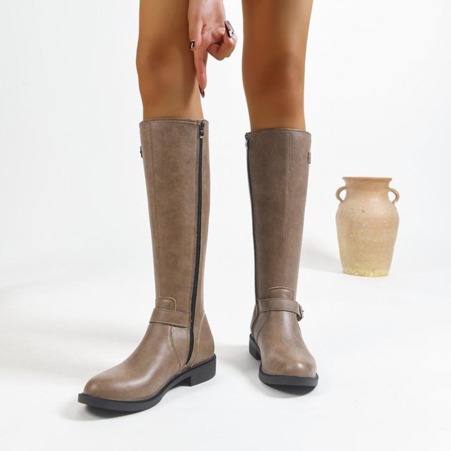 Autumn and winter European and American knee boots large size leather side zipper British style thin boots