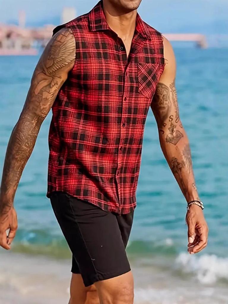 Cross-Border Men's Plaid Sleeveless Shirt with Tassel Design