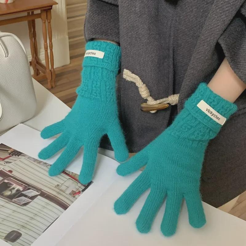 Women's Pink Wool Blend Knitted Gloves - Korean Style Cute Windproof Winter Cycling Gloves