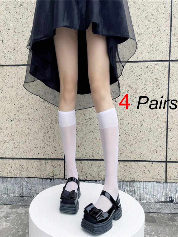 4 Pairs Black White Semi Transparent Nylon Socks Classic Versatile Suitable Daily Wear They Comfortable Breathable Casual Socks