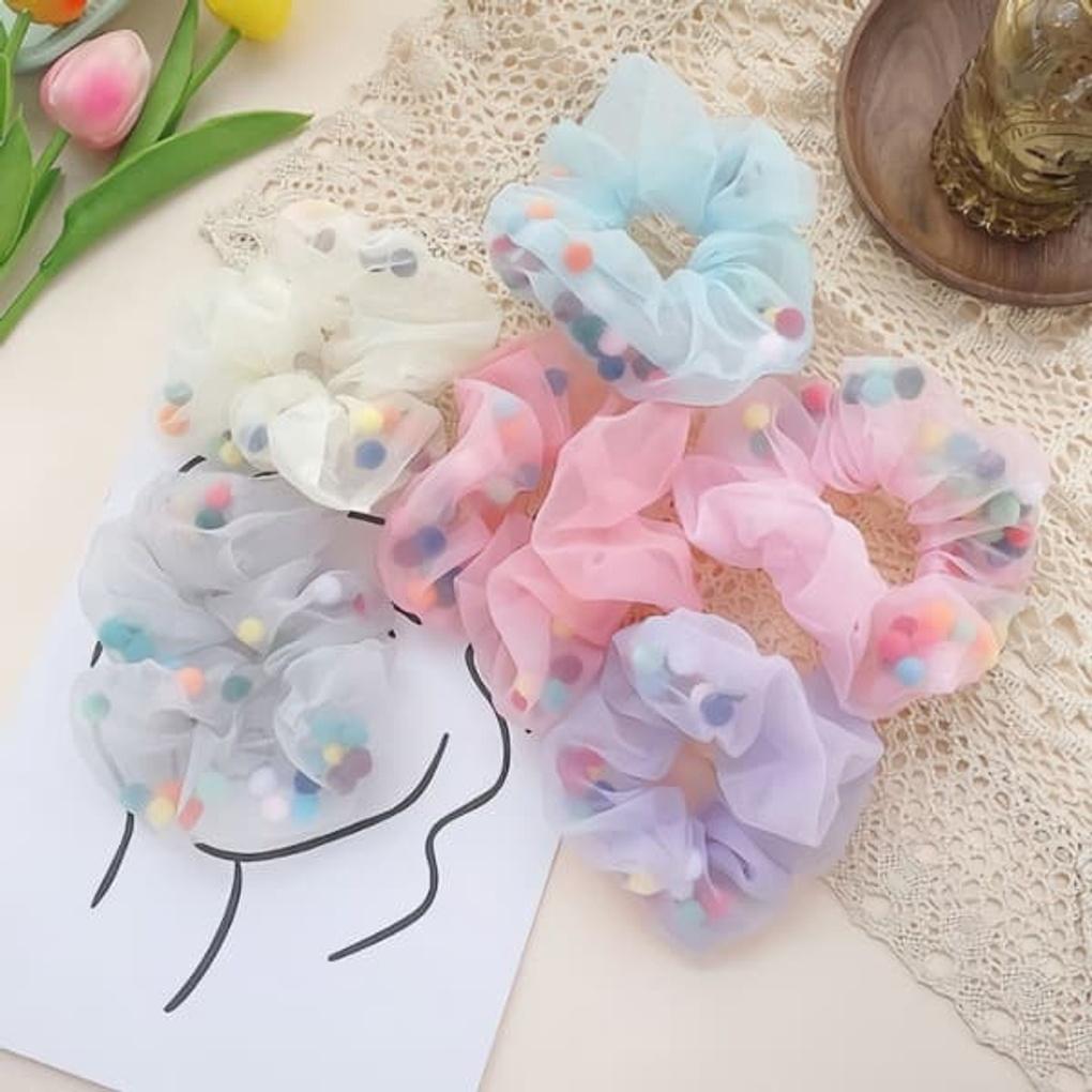 Women's Pom Pom See-Through Gopchang Band Scrunchie Hair Band