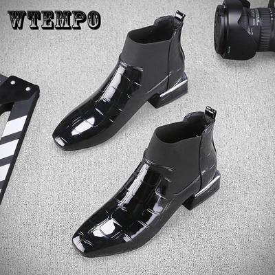 Chelsea Booties Ankle Boots Women Short Patent Leather Thick High Heels Botas Winter Shoes