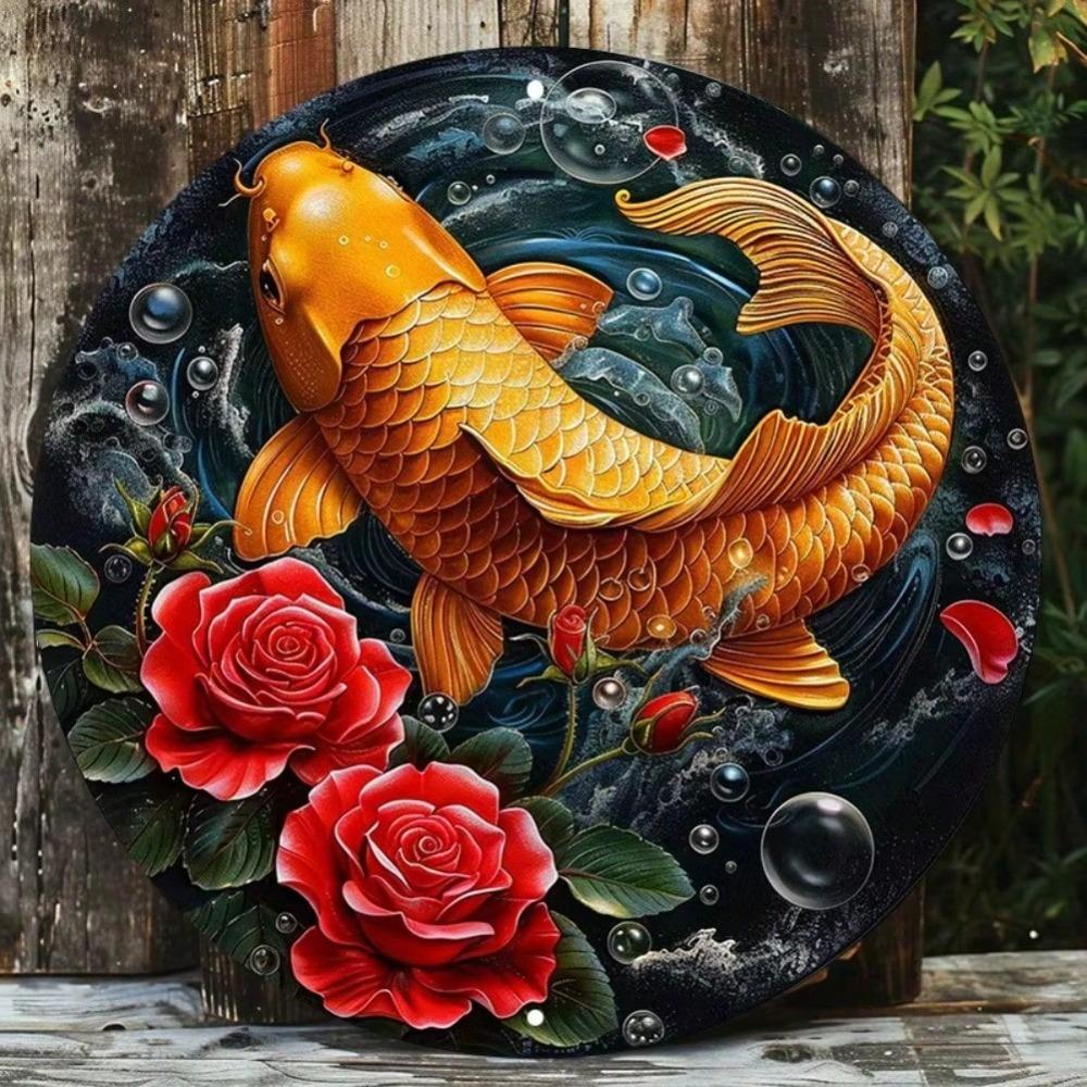 Charming Gold Koi Fish Aluminum Metal Art Sign UV Scratch Resistant Indoor Outdoor Wall Decor