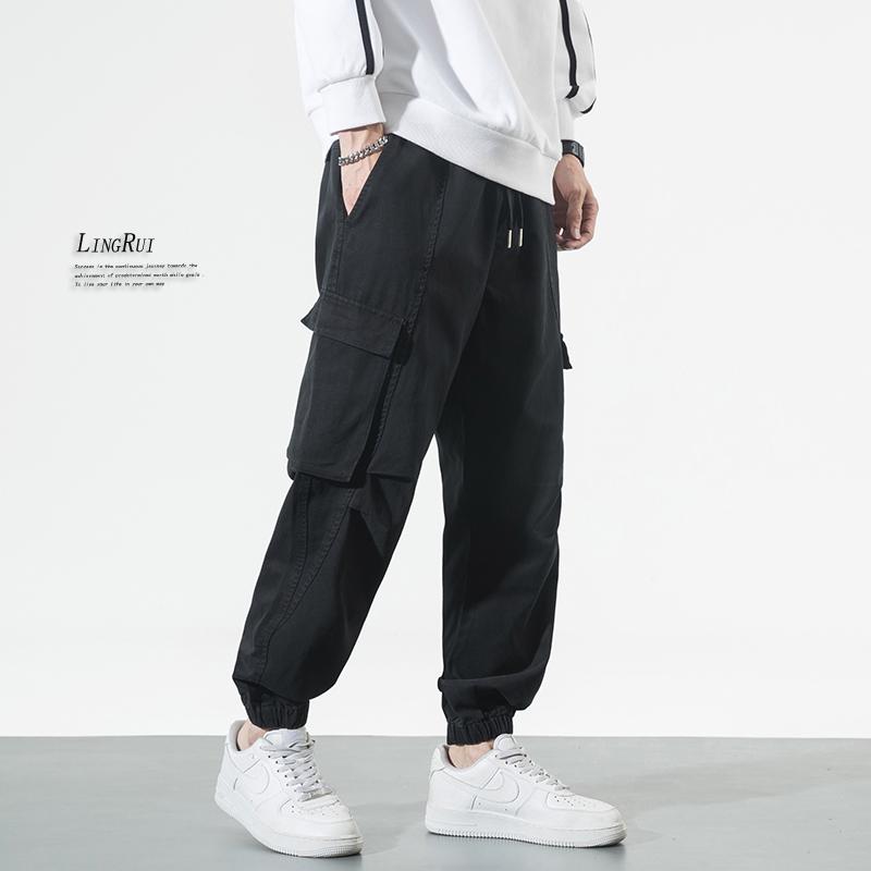 Lingrui Japanese Men's Loose Fit Trendy Wide-Leg Elastic Waist Multi-Pocket Overalls