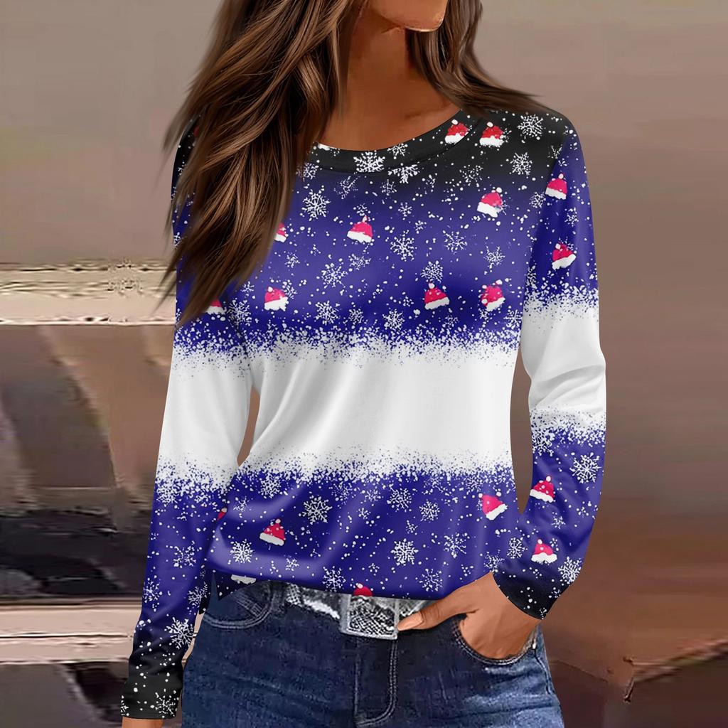 Women's Fashion Casual Slit Hem Round Neck Long Sleeve Loose Christmas Printed T-Shirt Ladies Top