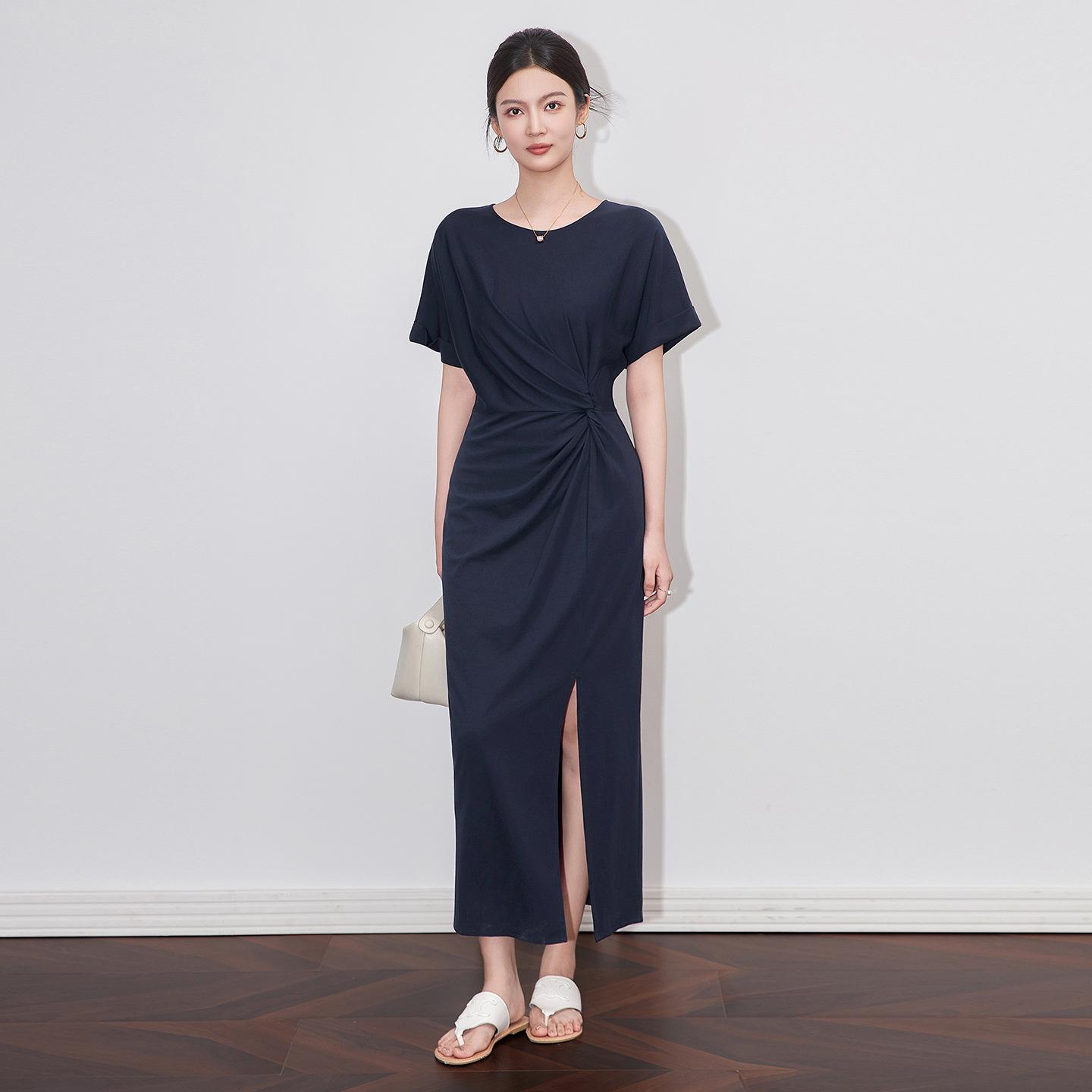 

Aura Casual Round Neck Midi Dress – Women s Summer Style Medium синий
