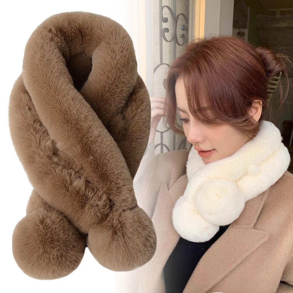 Fluffy Pompoms Warm Cross Scarf Plush Neck Warmer Fashion Neckerchief Wrap For Women Girls