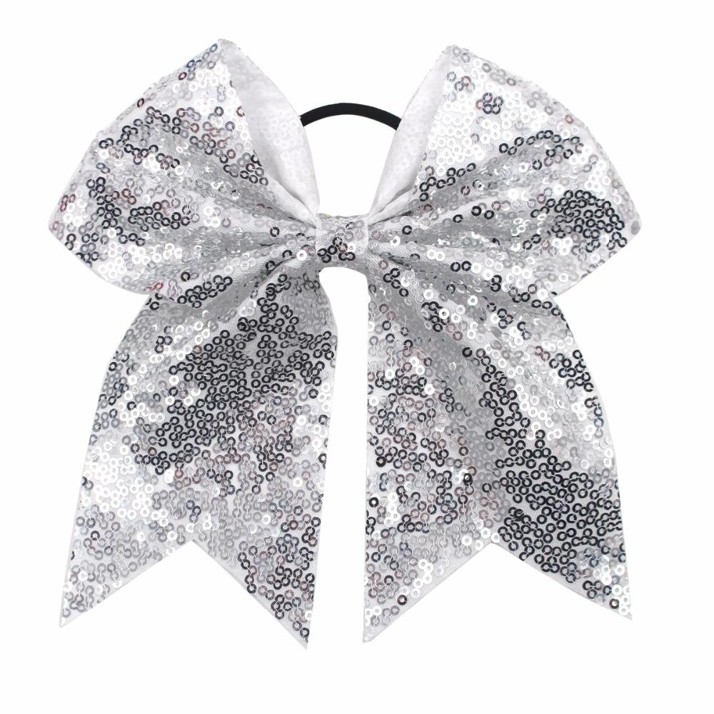 12Pcs 7.5' Bling Sparkly Glitter Sequins Pigtail Bows for Kid Girls Large Cheerleading Bows Ponytail Holder Elastic Hair Ties