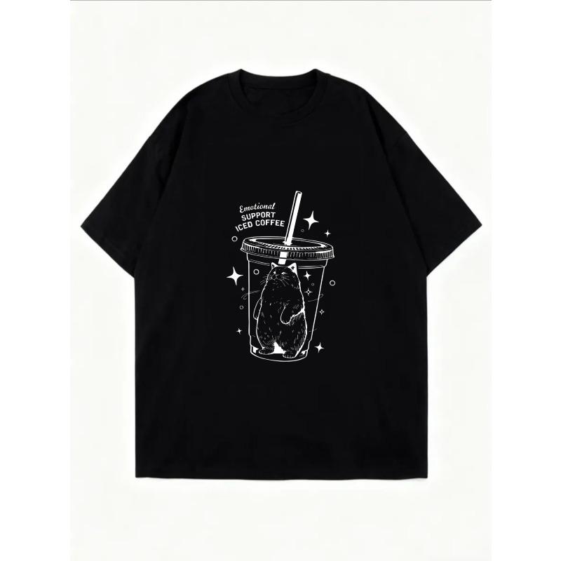 Schwarzes Vintage-Oversize-T-Shirt mit Eiskaffeebecher- und Katzenprint – „Emotionale Unterstützung“ – ein lässiges und bequemes Top