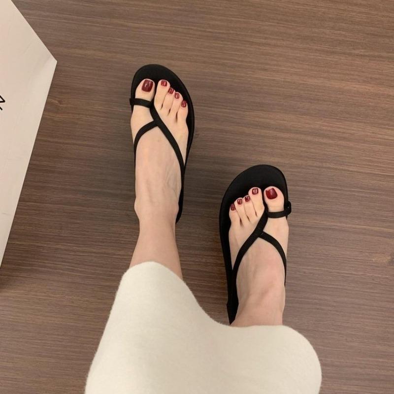 Fashion Genuine  Toe Strap Clip On Flip Flops Women 2025 Summer New Style with Thick Heel and Small Wedge Heel Sandals Slippers