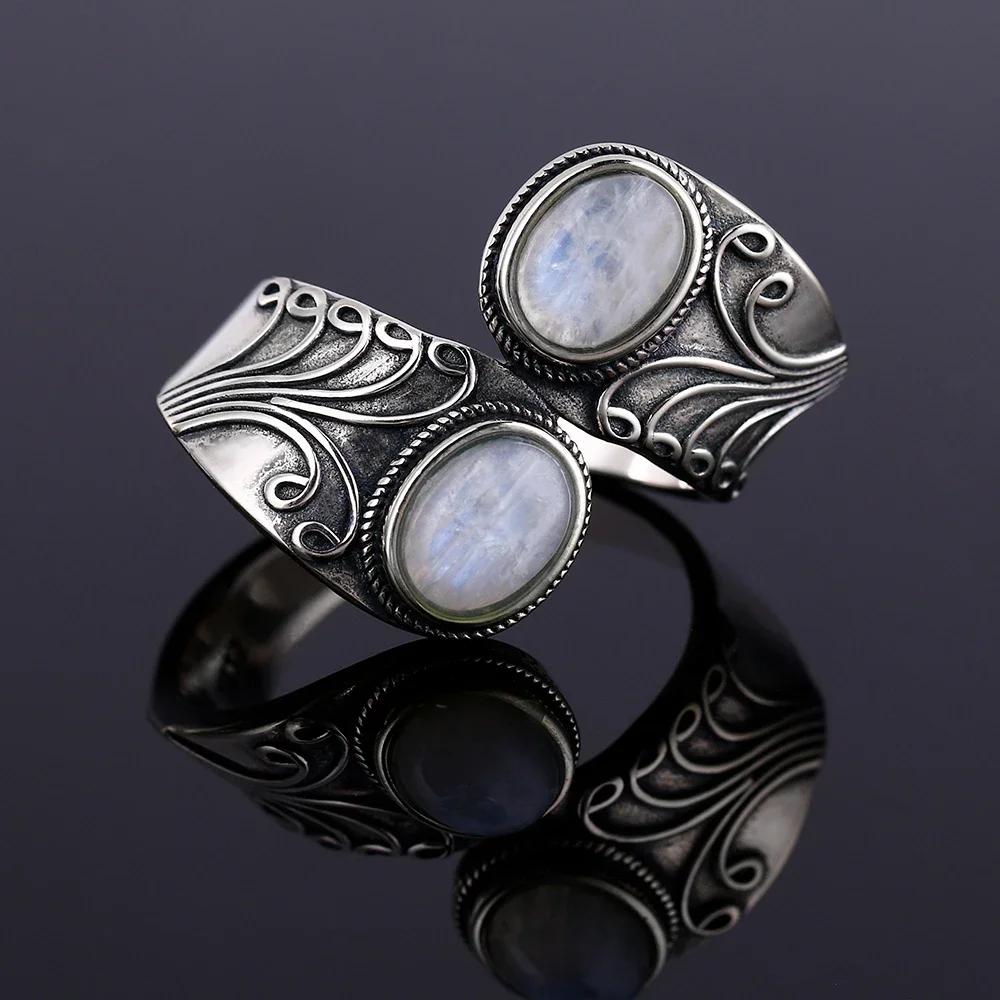 Vintage 925 Sterling Silver Natural Moonstone Rings Bohemia Oval Shape Retro Ring Gifts Fine Jewelry for Women Men