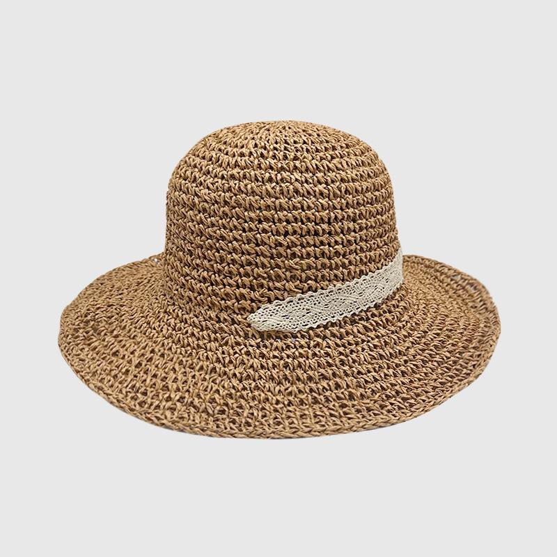 

Летняя шляпа от солнца на кружевном ремешке для женщин, уличная пляжная соломенная плетеная шляпа, подчеркивающая лицо, маленькая складная шляпа от солнца M（56-58cm）