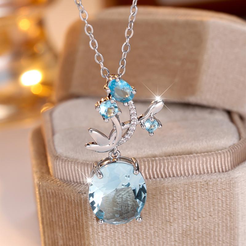 Fashion Oval Cut Sky Blue Zircon Pendant Necklace for Women Silver Color Chain Necklace Crystal Wedding Party Jewelry Gifts