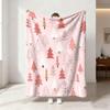 1pcs 230g Flannel Blanket with a Pink Base and Multi-colored Christmas Tree Patterns, Soft and Comfortable