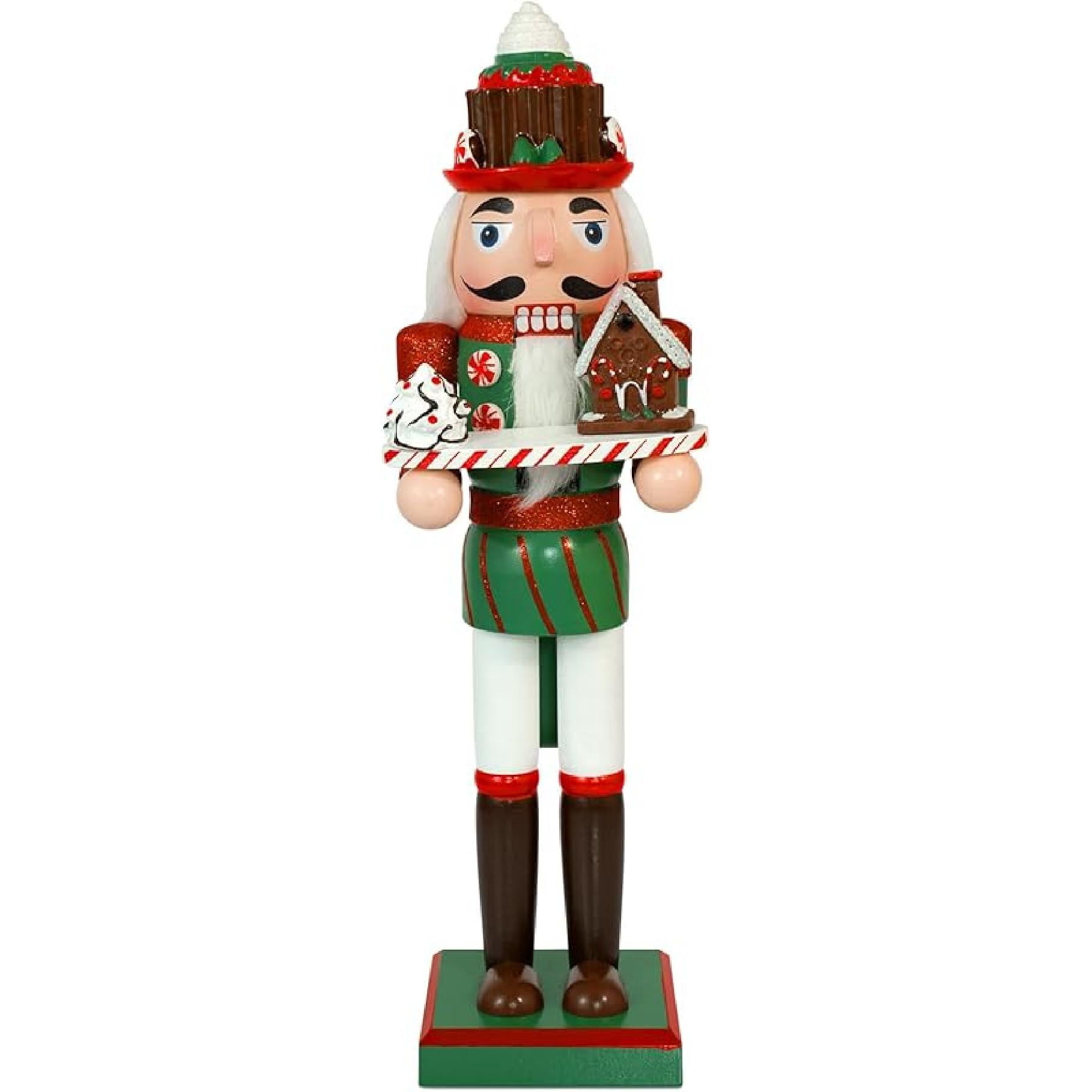 Christmas Baker Nutcracker Decorations - 14 Inch Chef Gingerbread Figures Handmade Wooden Cook Holding Cake & Cabin for Xmas Kitchen Table Home Party Baker Nutcracker