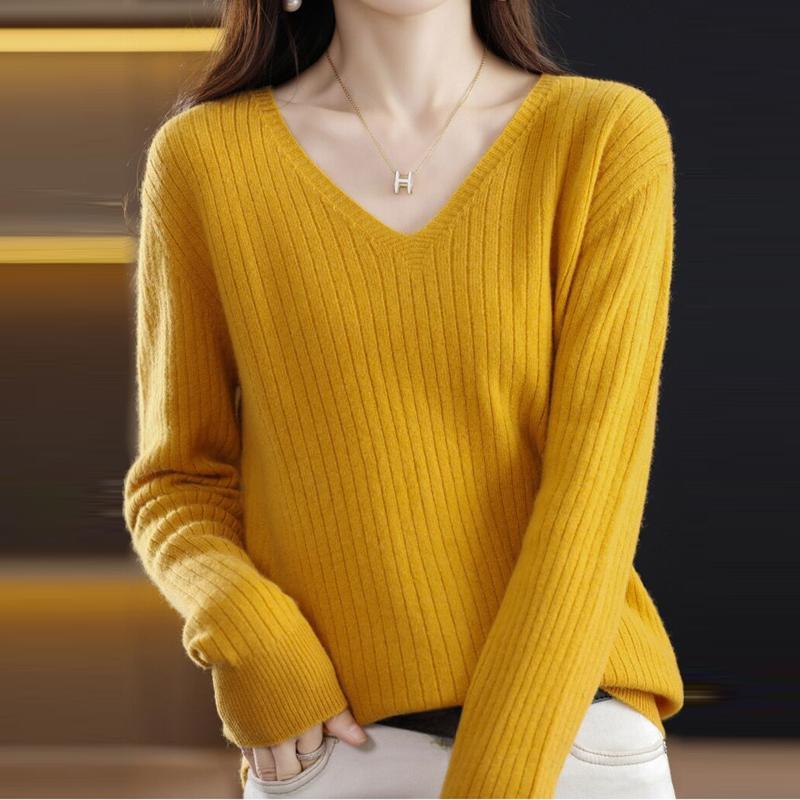 Slim Fit Dámské Pulovry Svetry Spodní topy Podzim a Zima Nový Pletený svetr s výstřihem do V Dlouhý rukáv Jednobarevné Pleteniny Oblečení 28502