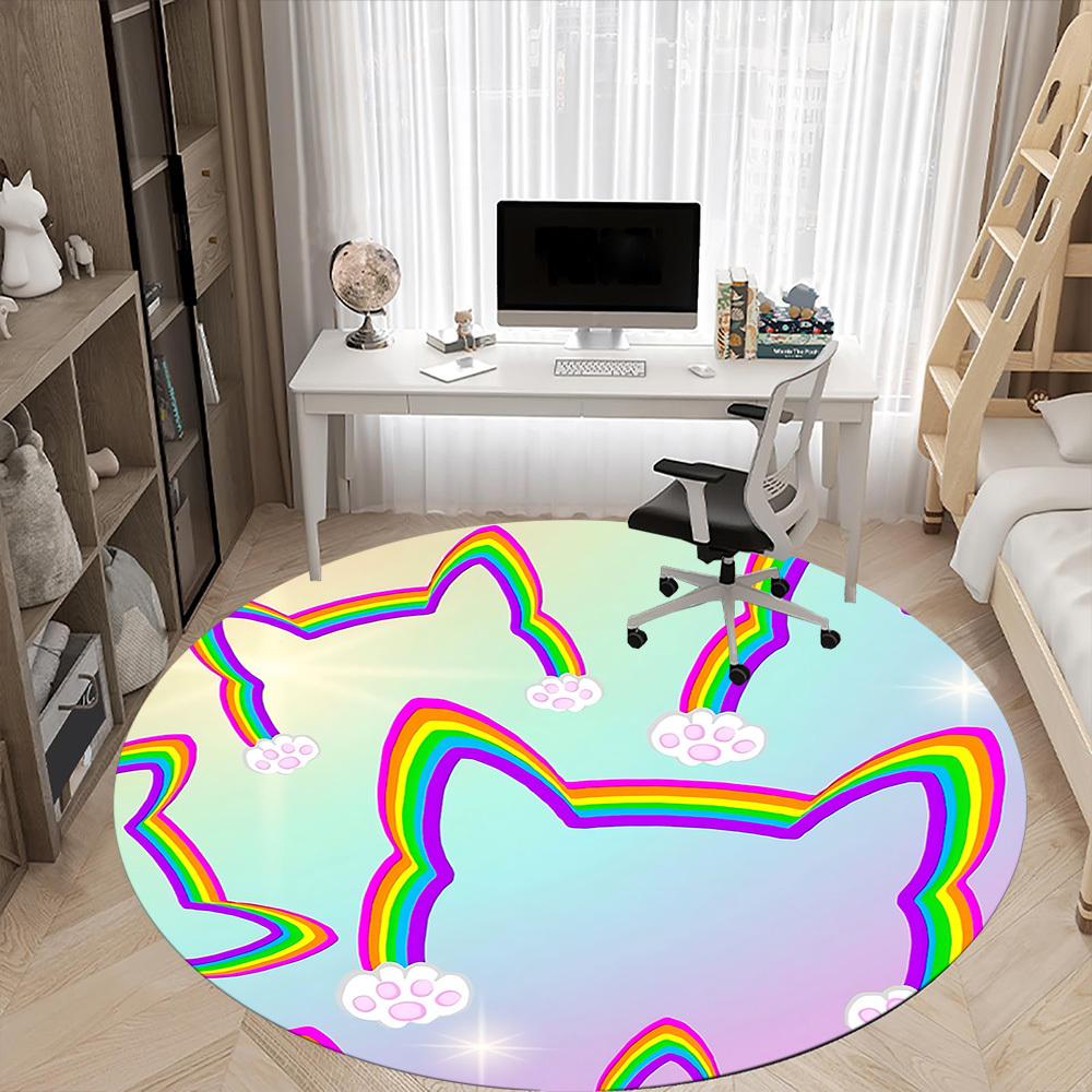 1pc Rainbow Cat Office Round Area Rug,  Mat Suitable ForOffice, Under Office Chairs Bedroom Living Room Home Decor, Room Deco