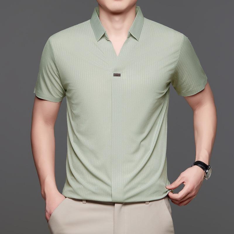 Premium Thin Short Sleeve V-Neck Casual Breathable Skin-Friendly Business Loose Polo Shirt Men'S Clothing