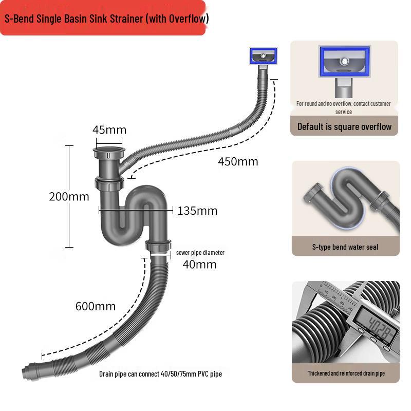 LISMS Stainless Steel S-Bend Sink Drainer Kit