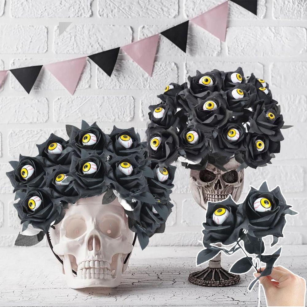 10PCS Funny Eyeball Fake Flower Scary Artificial Rose Flower Halloween Eyeball Rose  Halloween Decor