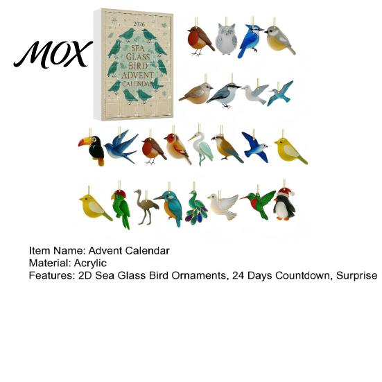 Decorative Bird Charms for Party Favors Sea Glass Advent Calendars 2026, 24 Days Christmas Countdown Calendar with 2026 2D Ornaments Home Tree