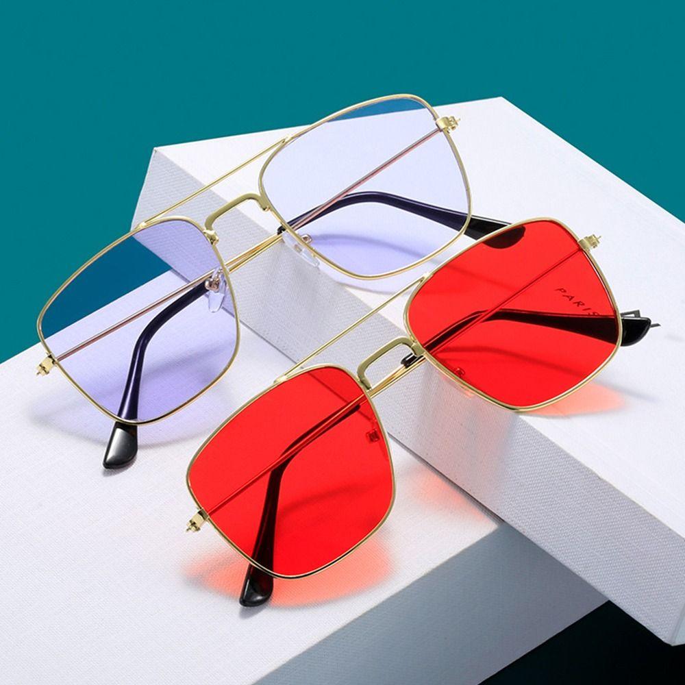 Attractive Glasses Men's Fashion Metal Double Bridge Sunglasses Square Colored Metal Sunglasses Uv400 Eyewear Summer Travel Beach Driving