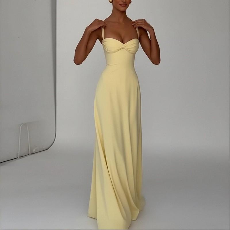 Elegant Solid Color Backless Sleeveless Maxi Dress Women 2026 Slim Fit High Waist Formal Casual Wear Small жёлтый