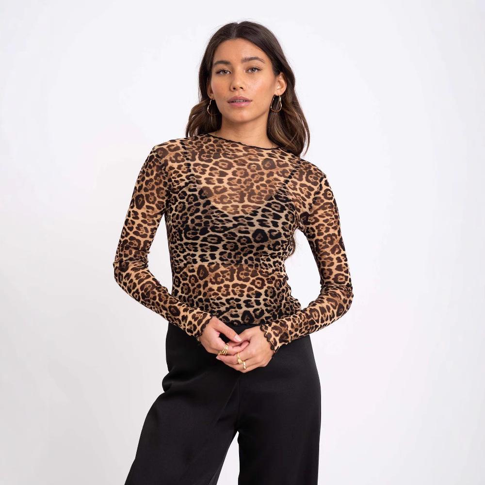 Women's Sexy Leopard Print Mesh Slim-Fit Bodysuit Top for Autumn/Winter