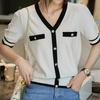 Women Sweaters Pullovers 2025 Summer Short Sleeve V-Neck White Black Knitted Sweater Women Tops Pullover JJ296
