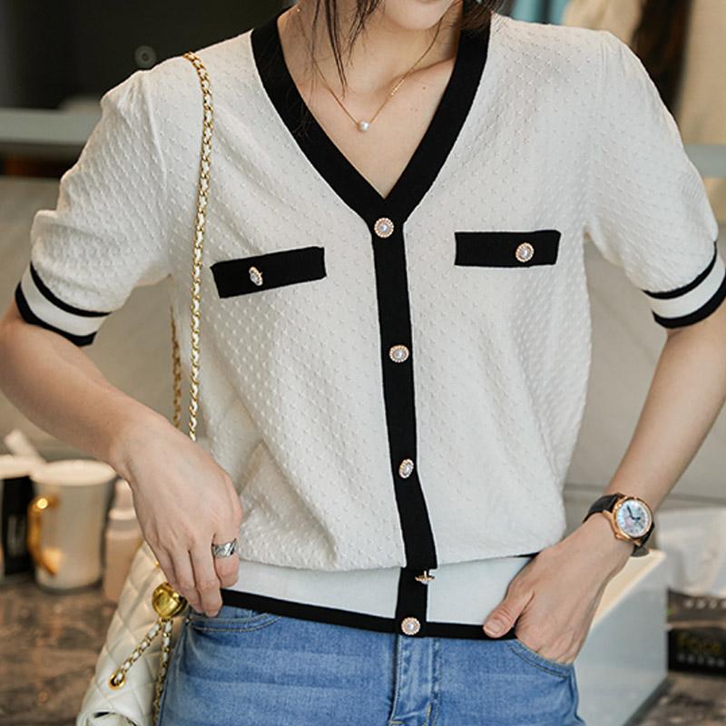 Women Sweaters Pullovers 2025 Summer Short Sleeve V-Neck White Black Knitted Sweater Women Tops Pullover JJ296