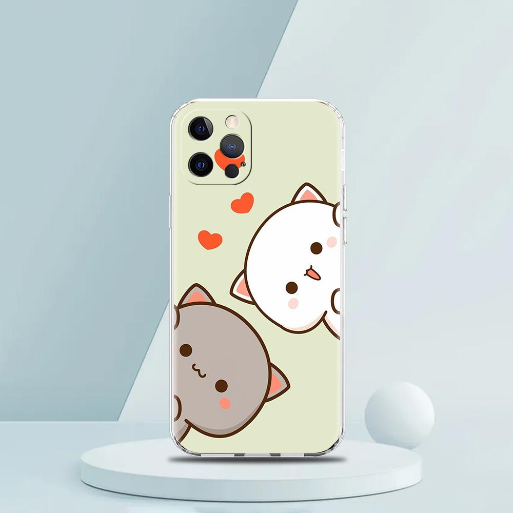Cute Cartoon Cat Couple Luxury Phone Case For iPhone 16 15 14 13 12 11 Pro Max XS X XR SE 7 8 Plus soft Silicone Clear Cover