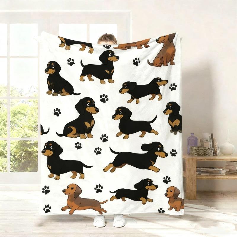 1 Pc Flannel Throw Blanket Cute Dachshund & Paw Print Soft Naptime Blanket All-Season Throw for Pet Lover Sofa Bed Decor Gift