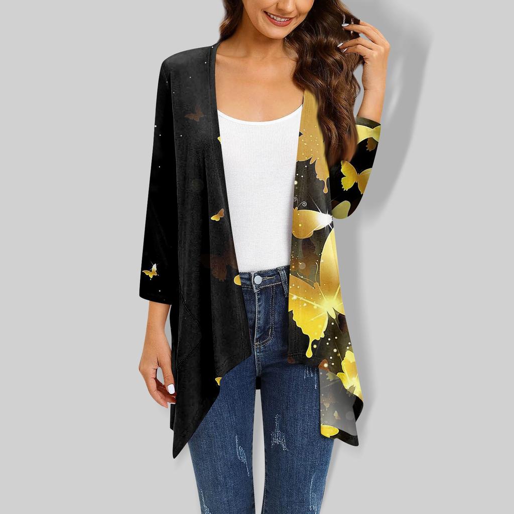 Women's Gradient Print Irregular Three-quarter Sleeve Cardigan With Pocket Jacket