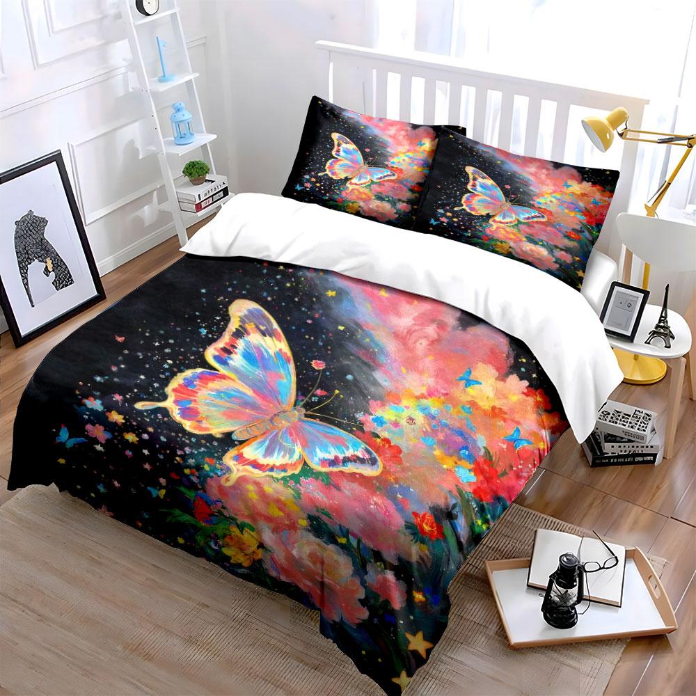 Whimsical Garden Bedding Set, Large Watercolor Butterfly with Pink Clouds and Flowers Print Duvet Cover, Dreamy Bedroom Decor