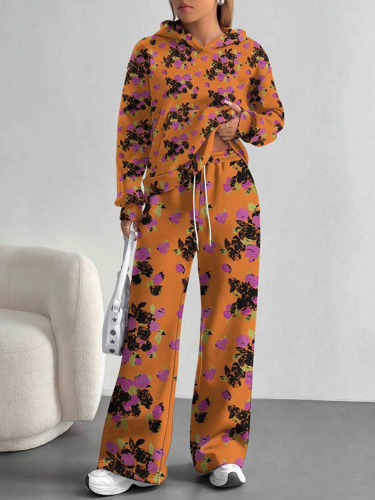 European And American Autumn And Winter Casual Long-Sleeved Retro Pattern Set Women'S Hooded Sweater Trousers Two-Piece Set