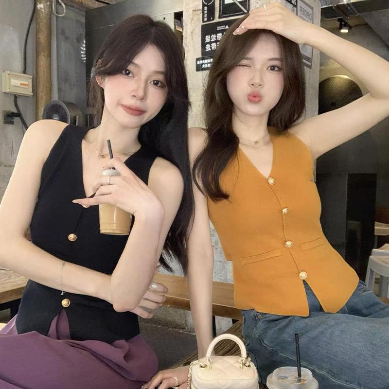 French Retro Solid Color V-Neck Sleeveless All-Match Casual Short Knitted Vest For Women