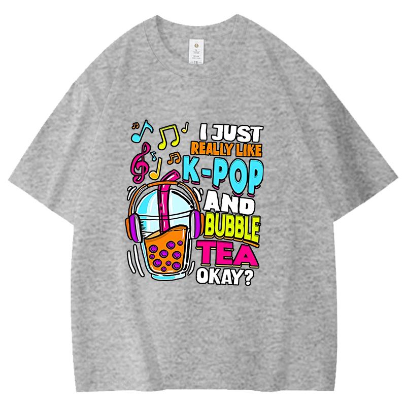 

Pearl Milk Tea with Headphones on Print Cotton T Shirt Women Unisex I Like KPOP and Milk Tea Letter Print Pattern Hiphop Shirts S