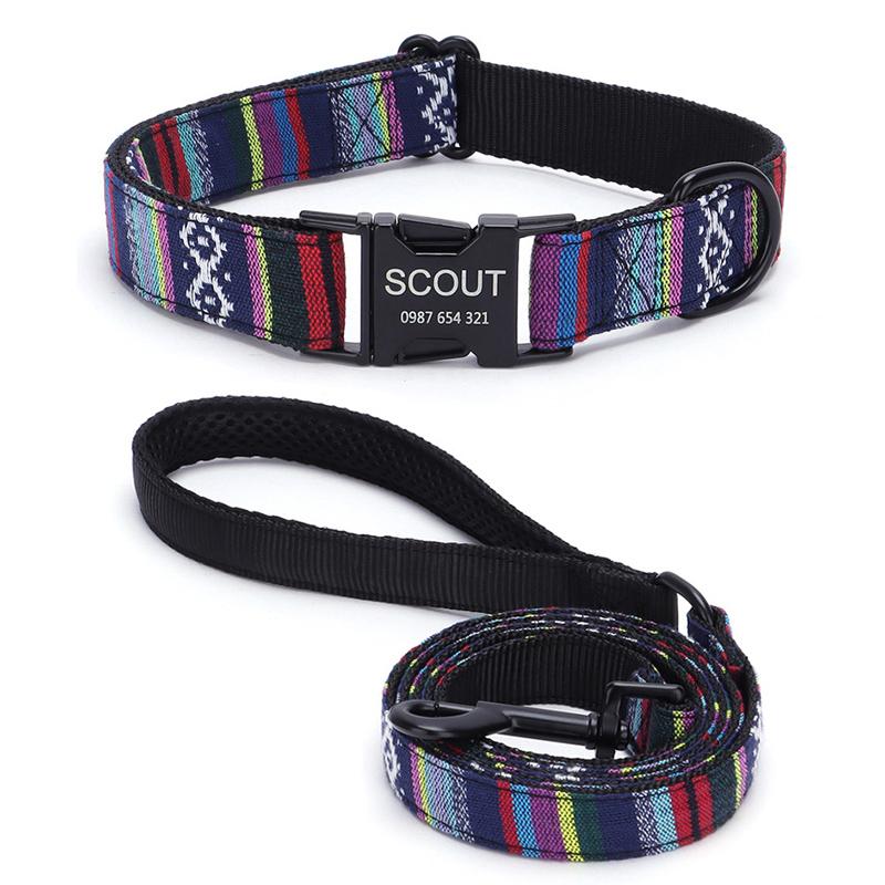 Bohemian gestreifter Hundehalsband, individuell graviert, mit Roségold-Schnalle, personalisiertes Nylonhalsband für kleine und große Hunde, tägliches Gassi gehen
