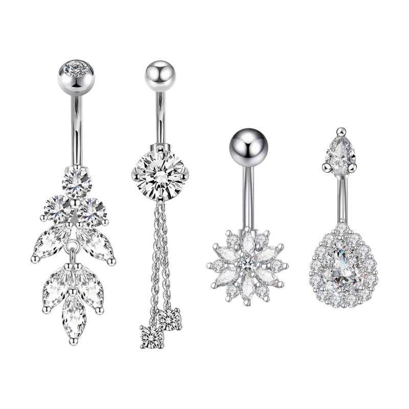 

Pack of 4 Cubic Zirconia Teardrop Leaf Snowflake Tassels Belly Rings Comfortable Copper Body Jewelry for Sensitive Skin 1
