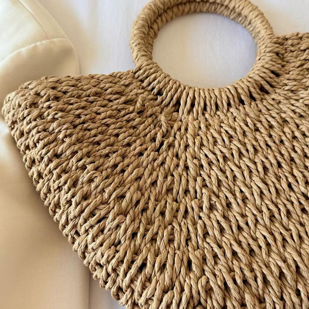 Stylish Handmade Straw Bag, Solid Color Large Retro Beach Portable Tote Bag for Women