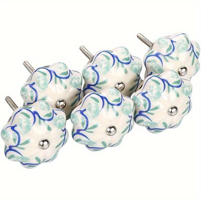 6 bucăți mânere vintage, mânere din ceramică pictate manual cu flori albastre și albe, dulap în formă de dovleac, mânere uși sertarului dulapului, modele botanice de viță de vie