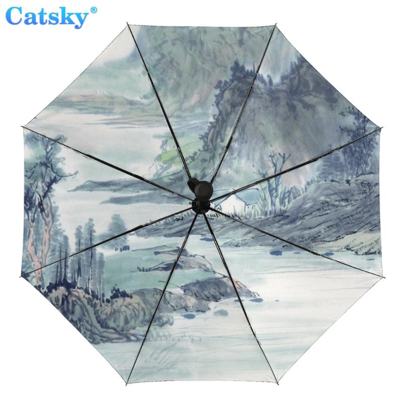 

Полностью автоматический трехстворчатый складной зонт с китайской росписью и черным покрытием, анти-УФ-защита от солнца, женский зонтик от дождя