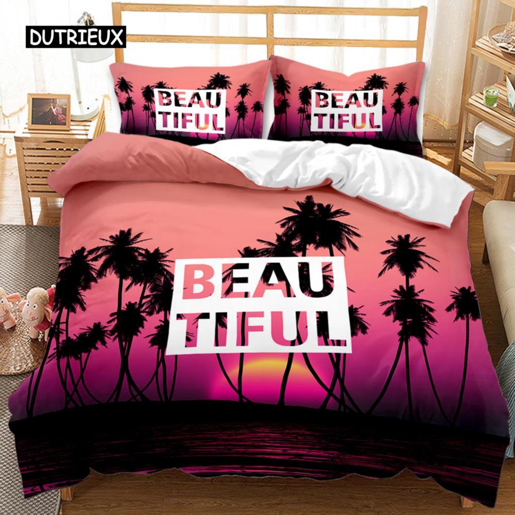 Hawaiianische Bettdecke Tropische Insel mit den Palmen Naturthema Bettwäscheset Doppel Queen King Size Polyester Quiltbezug