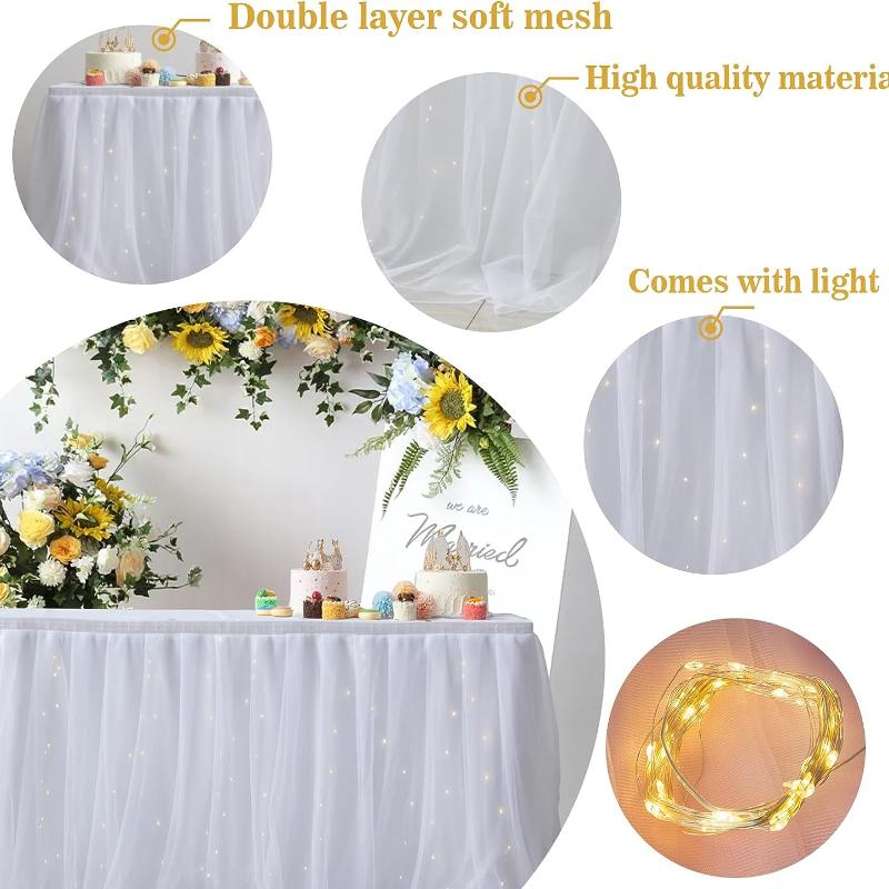 Sheer Table Skirt Tablecloth 3-Ply with LED Lights Premium Gold Edge Wedding Party Cake Table Decoration