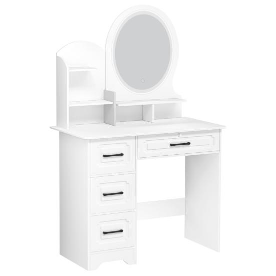 Makeup Desk with Mirror, Large Vanity Desk with Storage Shelves, 4 Drawers, Makeup Vanity Table with Light, Bedroom Dressing Table