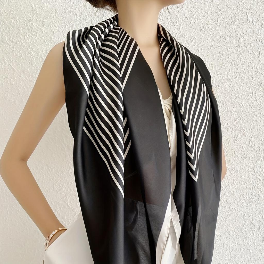 35.43" Black/White Striped Square Scarf, Elegant Simulated Silk Thin Shawl, Casual Sunscreen Windproof Head Wrap For Women