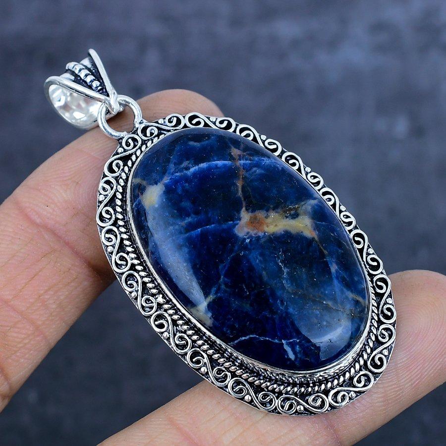 Natural Sodalite Gemstone 925 Sterling Silver Jewelry Pendant 2.60" F0o13